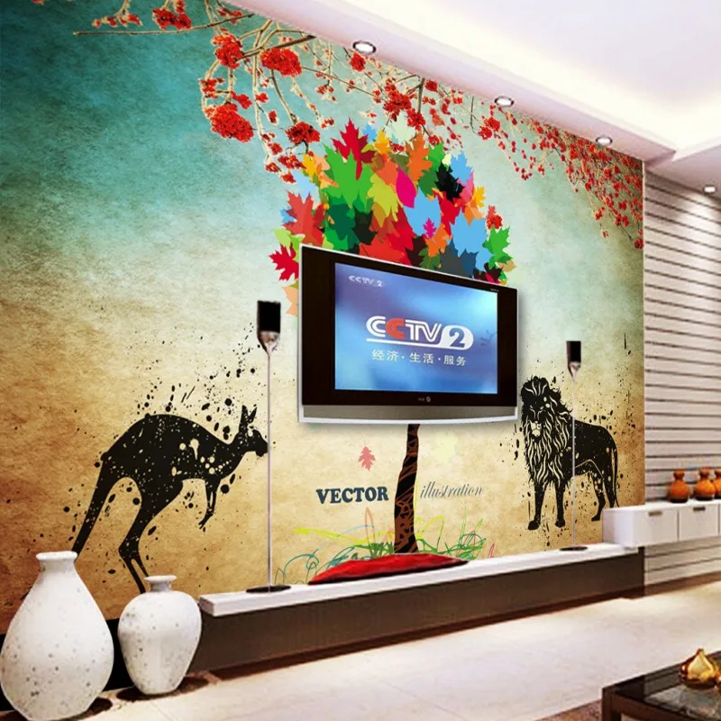 Фотообои листья Лев кенгуру силуэт фон Настенная роспись ресторан спальня