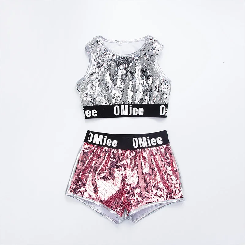 Детский танцевальный костюм с блестками для девочек розовая Серебристая куртка