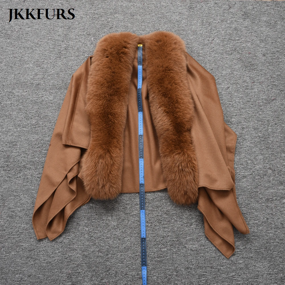JKKFURS, новинка, женское пончо, натуральный Лисий мех, воротник, отделка и шерсть, накидка, модный стиль, высокое качество, зимнее теплое пальто S7357