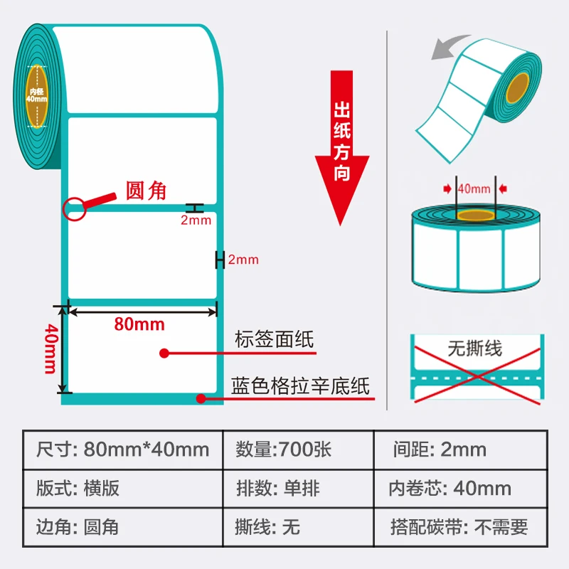 2 x Rol прямая термальная самоклеящаяся этикетка для доставки 80x40 мм 700 (наклейки toal