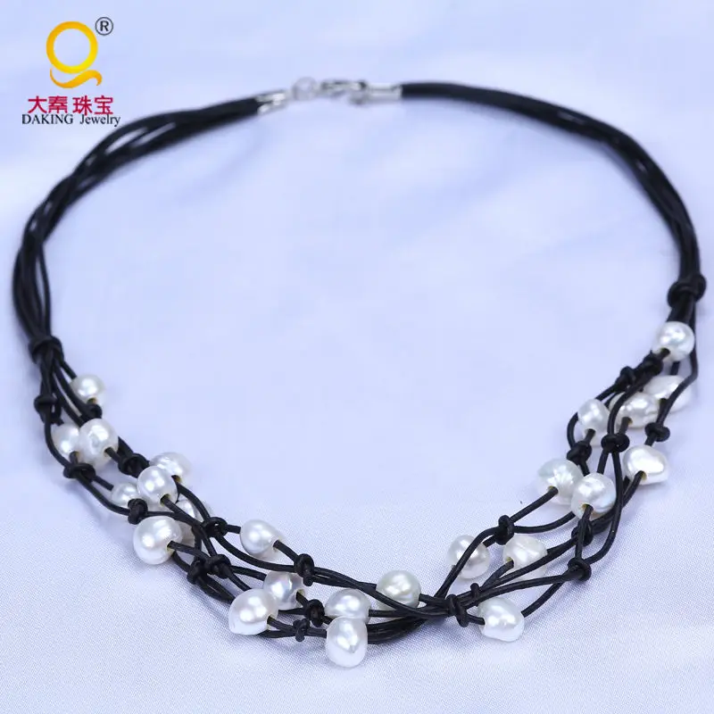 

Trendy style weaving leather wrap pearl necklace women Six rows real freshwater natural pearl jewelry