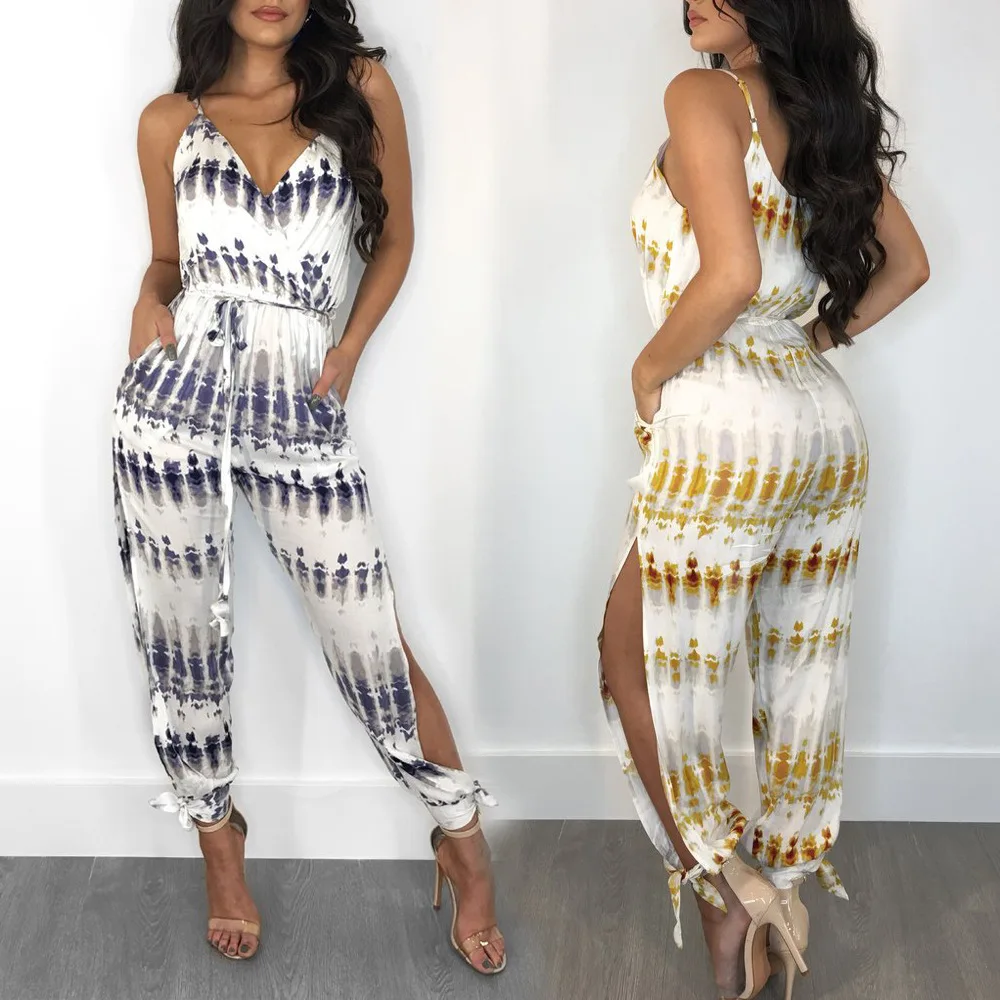 Сексуальный Высокий Сплит комбинезон без рукавов женское узкое облегающее