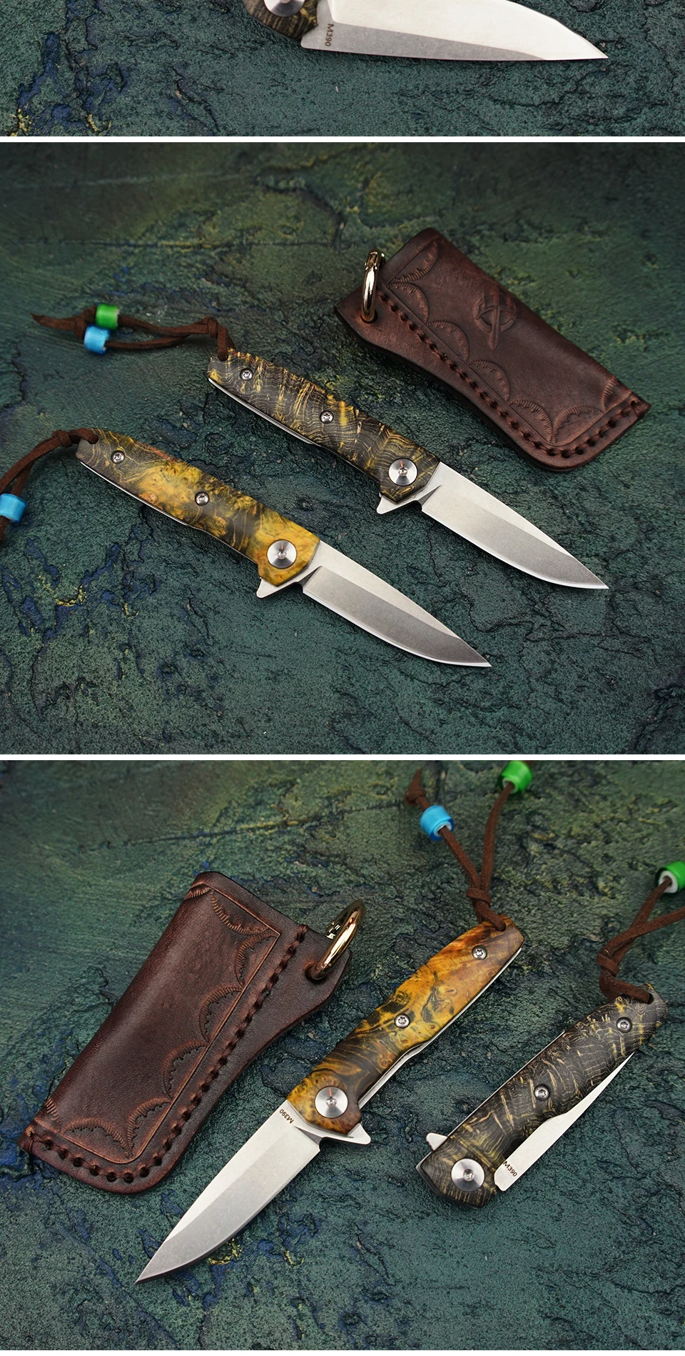Складные ножи из TUREN-M390 стали для кемпинга, выживания, карманный нож, EDC, бритва, стабилизированная деревянная ручка, ножи для фруктов с кожаной оболочкой