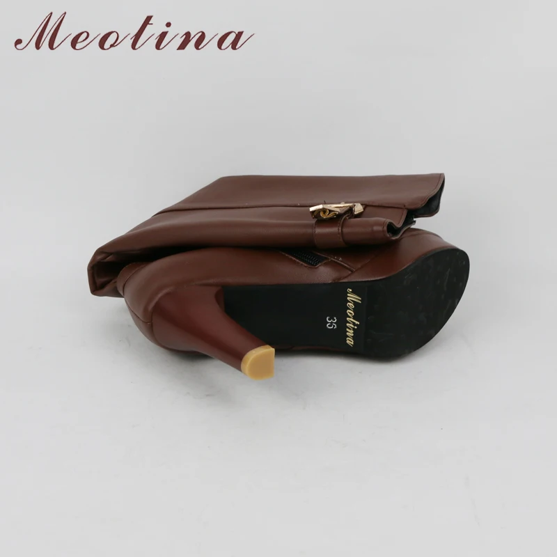 Meotina/женские зимние сапоги; сапоги до колена; сапоги на платформе и высоком каблуке; пикантная Женская Осенняя обувь на молнии с пряжкой; цвет белый; большие размеры 42-43