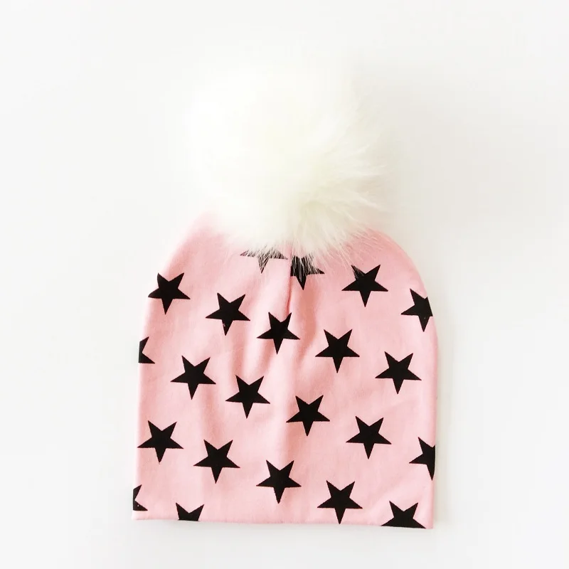 pink star Брендовая шапка из искусственного меха для маленьких мальчиков, хлопковая шапка с помпонами и помпонами для девочек, зимние детские шапки, шапка s - Цвет: pink star