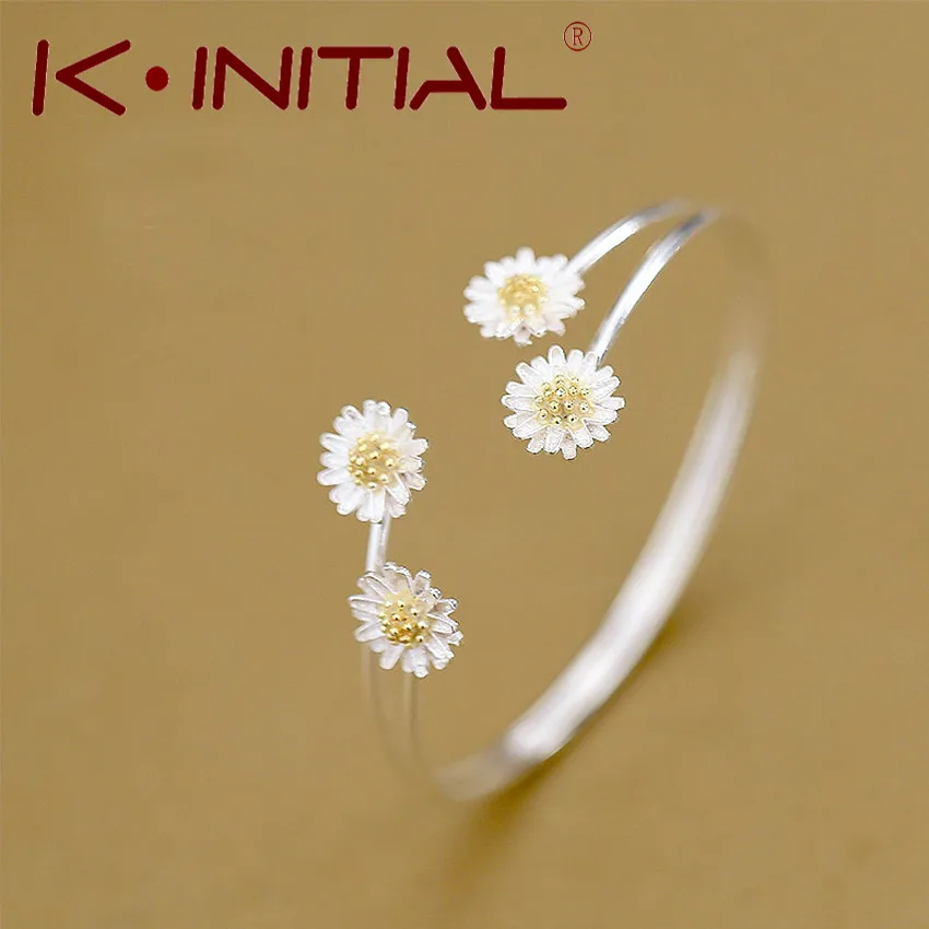 Kinitial 1 шт. 925 пробы серебро ромашка Браслеты с цветами открытым браслеты