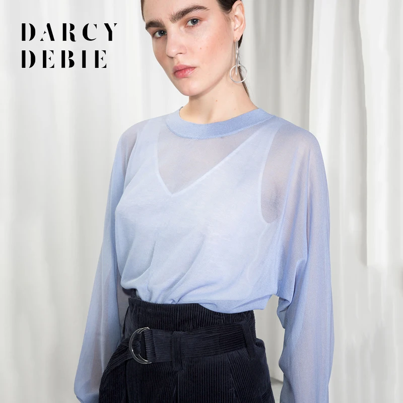 Darcydebie Women Fashion Casual O neck Full Sleeve transparent Pullovers Blue/Green Knitted Sweater | Женская одежда