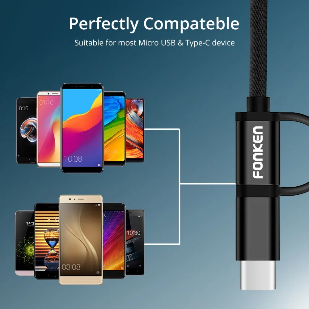 2 в 1 USB кабель Micro тип C для быстрой зарядки телефона м двойной адаптер Mini зарядка