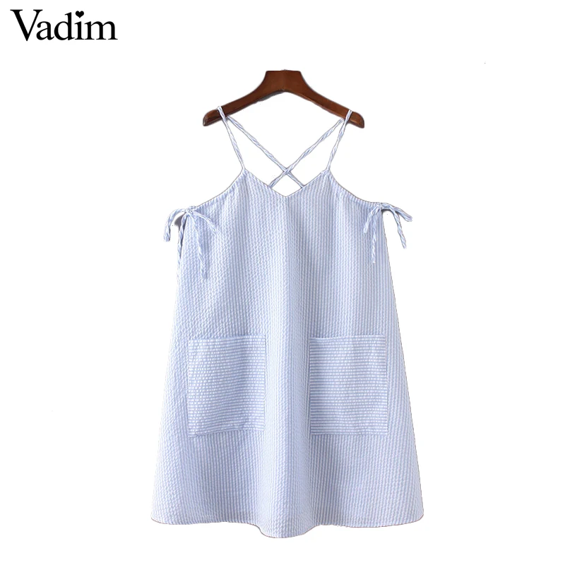Vadim v шеи лишенный спагетти ремень shift dress low cut лук галстук шнурок карманы