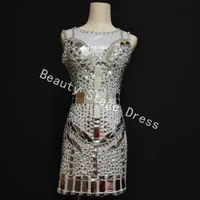 sparkly crystals mirrors dress stage wear silver shinging dress women singer rhinestones evening luxurious outfit