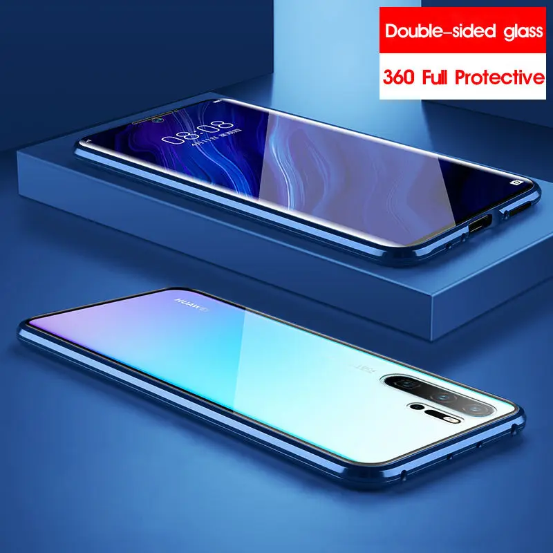 Blue Двойной изогнутый 360 чехол на весь корпус для huawei P30 Pro P20 P20Pro P30Pro, магнитный металлический бампер и переднее закаленное стекло - Цвет: Blue
