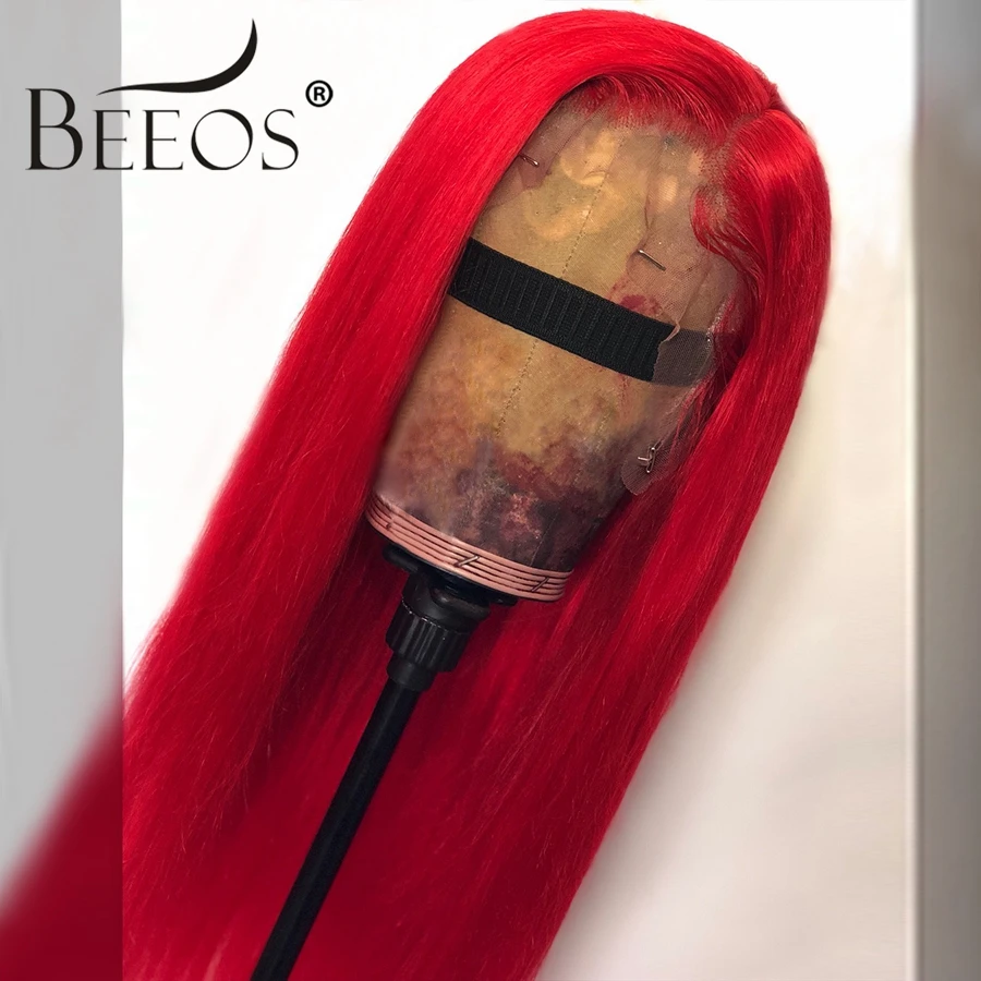 Beeos Красные 13*6 парики из натуральных волос на кружеве для женщин прямые парики из перуанских волос