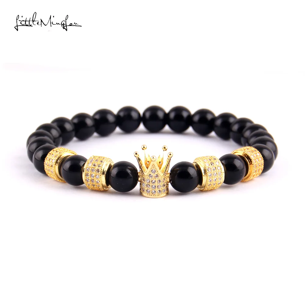 

Little MingLou Luxury men bracelet natural stone bead CZ column & crown Charm Bracelets & Bangles for women Jewelry