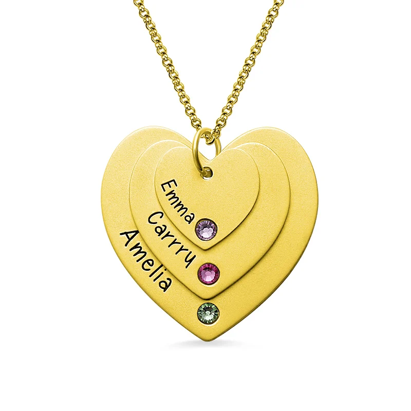 

AILIN Personalized Engraved Triple Heart Necklace with Birthstones Gold Color Layered Heart Necklace