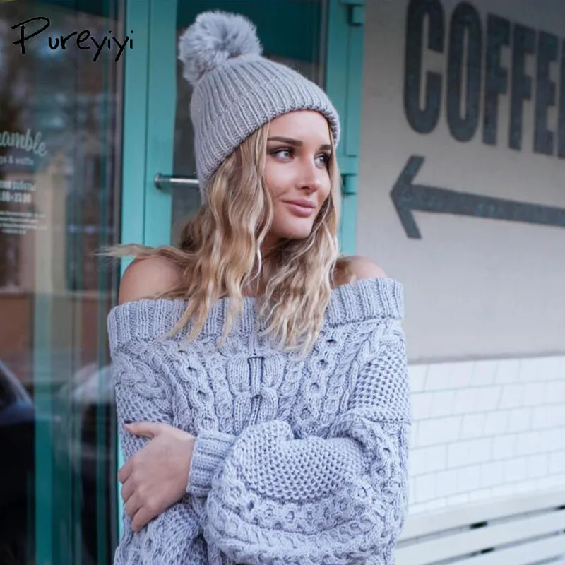 Pureyiyi Winter blue knitted sweater women 2017 Autumn hollow out white pullover Sexy long sleeve off shoulder | Женская одежда