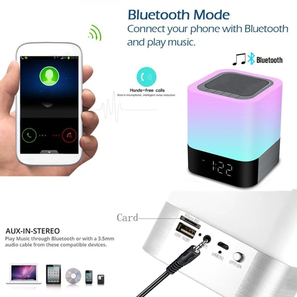 8 в 1 Bluetooth динамик Ночной свет прикроватные лампы с будильником перезаряжаемый