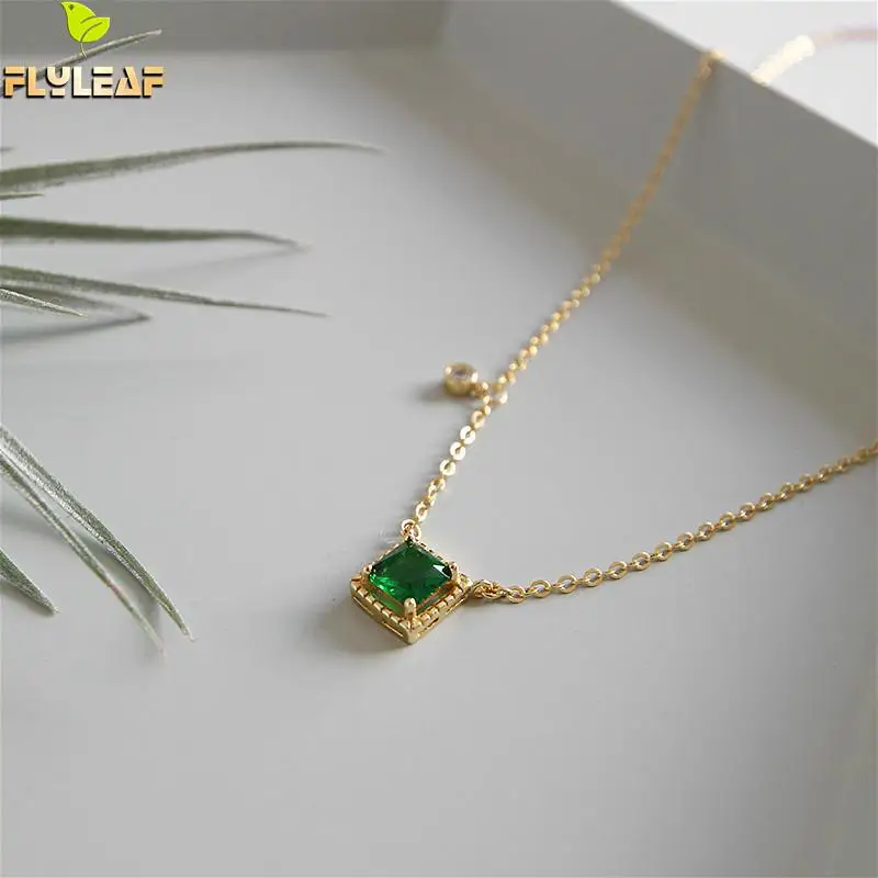 

Flyleaf 925 Sterling Silver Necklace Women Square Emerald Cubic Zirconia Fashion Fine Jewelry Gold Simple Necklaces & Pendants