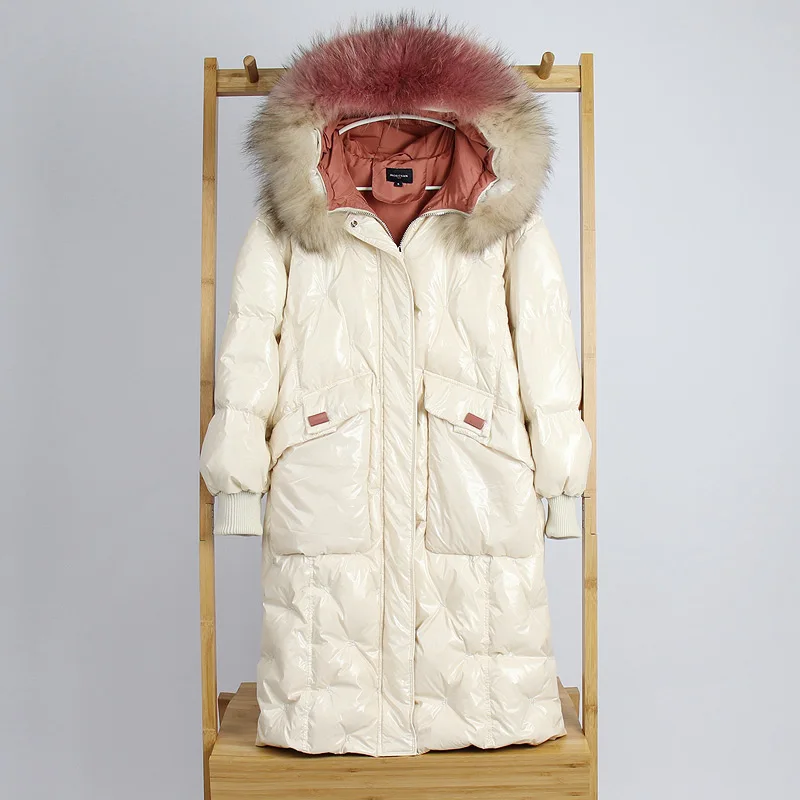 beige Зимний модный бренд, блестящая ткань, натуральный мех, с капюшоном, 90% утиный пух, парки, зимнее тонкое длинное плотное теплое пуховое пальто wq635 - Цвет: beige