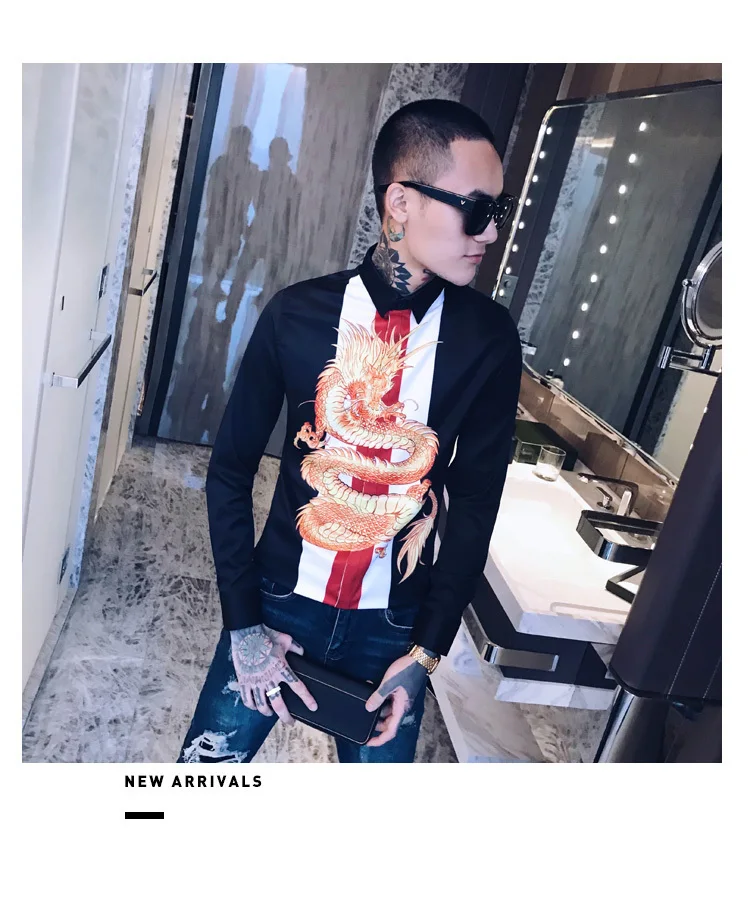 Роскошные сплайсированные ночной клуб смокинг модное платье рубашка Camisa Hombre Slim Fit рубашка Мужская Уличная с принтом дракона Мужская рубашка мужские рубашки