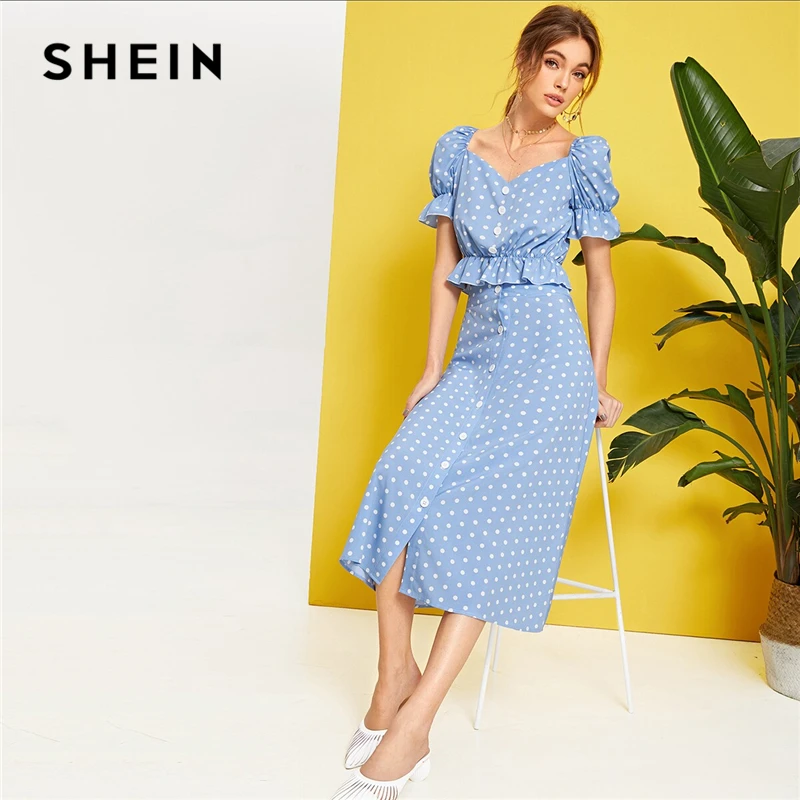 SHEIN топ с баской и юбкой в горошек, на пуговицах спереди, с рюшами, весна-лето, с пышными рукавами, синий милый женский комплект из двух предметов