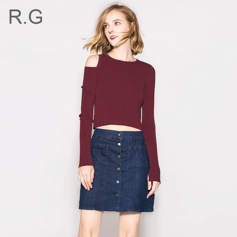 Sexy Hollow Out Design Sweater Women Long Sleeve Off-Shoulder Split Pullovers Black Green Red Knitting Sweaters Autumn Winter | Женская