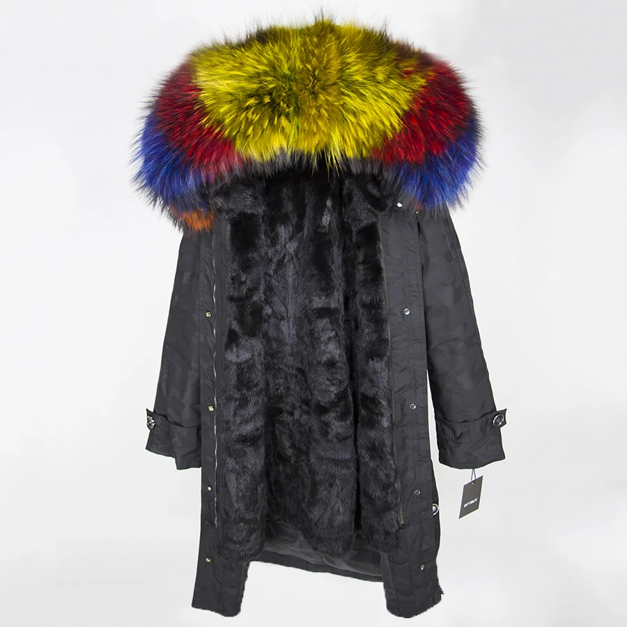 black Camouflage 3 OFTBUY,, пальто с натуральным мехом, X-long, Камуфляжная парка, зимняя куртка для женщин, большой воротник из натурального меха енота, капюшон, подкладка из натурального меха норки - Цвет: black Camouflage 3