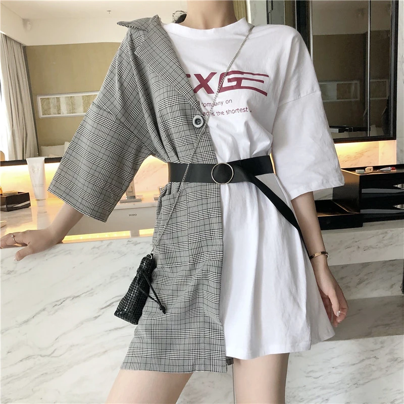 Возможно U Женская белая черная Лоскутная клетчатая футболка средней длины с