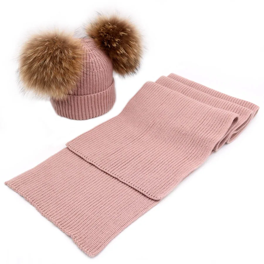 Children's Winter pom Hat and Ccarf Sets Girls Boys Real Fur Wool Beanie Hats Kids Warm Neckerchief Caps 6M-5T | Детская одежда и