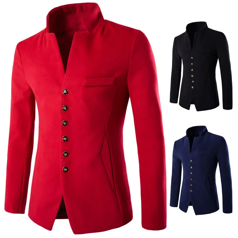 Мужской однобортный пиджак из шерсти однотонный Приталенный с воротником