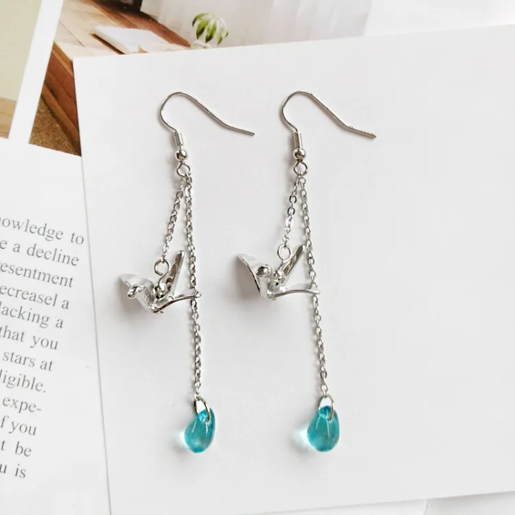 Hook Earrings-Blue Имитация родия маленькая птица синяя капля воды длинные серьги бумажный журавль Лес серии Кристалл Висячие Серьги - Окраска металла: Hook Earrings-Blue