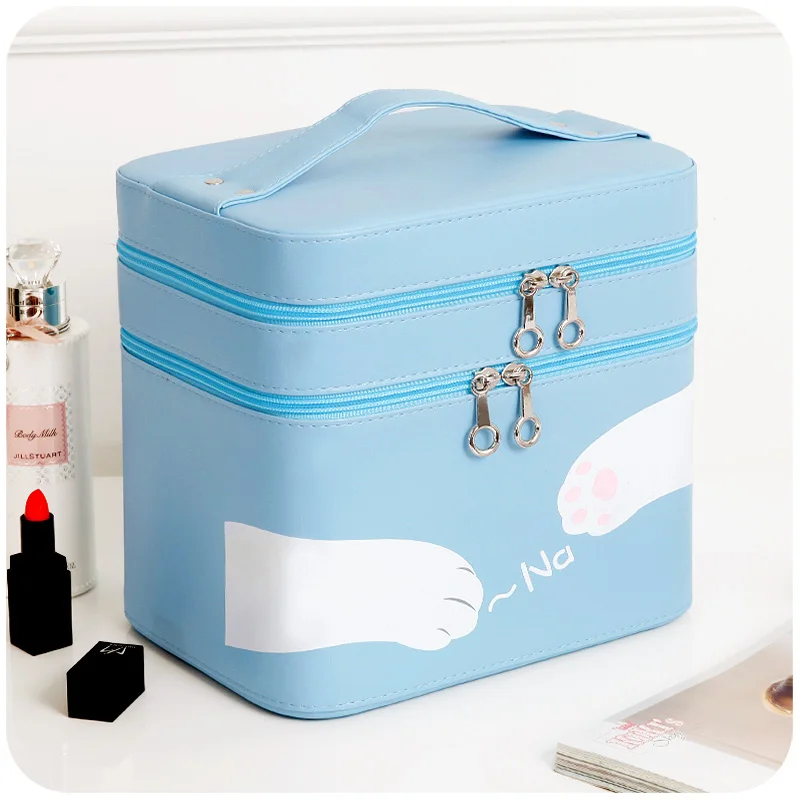 Blue Стиль, большой косметический кейс, женские косметички и чехол, высокое качество, коробка для макияжа с зеркалом, профессиональная косметичка, двойная - Цвет: Blue