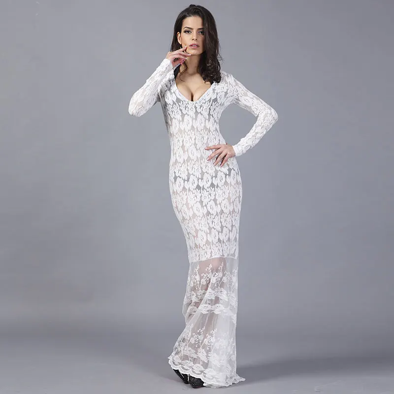 2018 женское сексуальное длинное кружевное платье прозрачное с низким вырезом