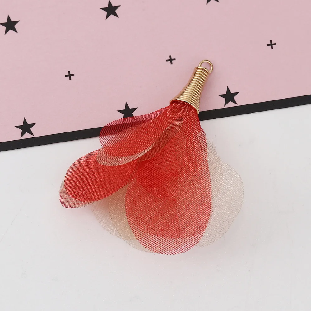 DoreenBeads Organza Tassel Pendants Flower Gold Color Red DIY Findings About 5cm x4.5cm - 4.5cm x4cm(1 6/8&quot x1 5/8&quot) 20 PCs |