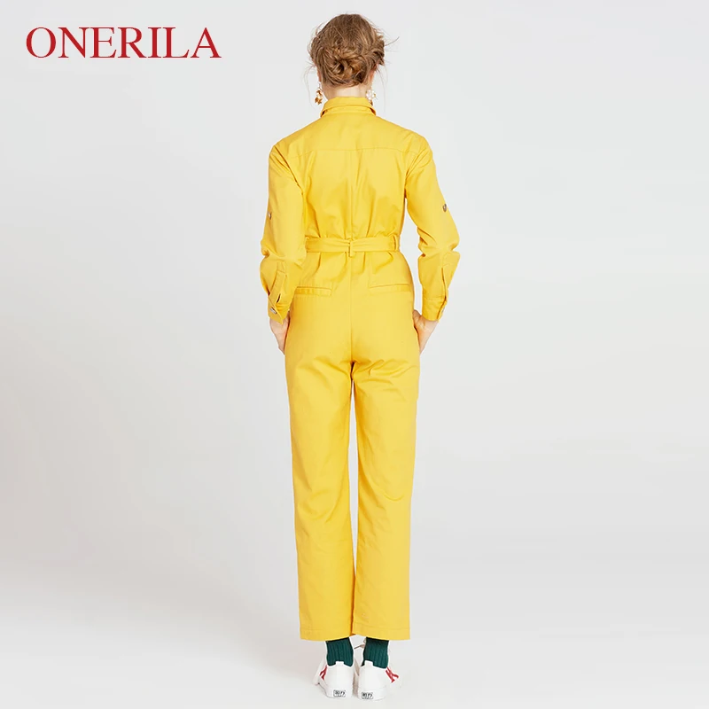 Однорядный осенний повседневный комбинезон с желтым воротником и длинным рукавом для женщин 2018 года ONERILA с поясом.