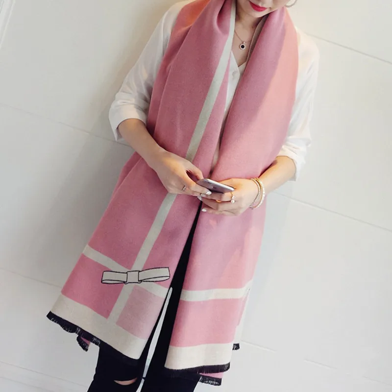 Pink LEAYH 190*70 см большой зимний шарф из искусственного кашемира с бантом для женщин, модные мягкие шарфы с принтом, подходящие ко всему - Цвет: Pink