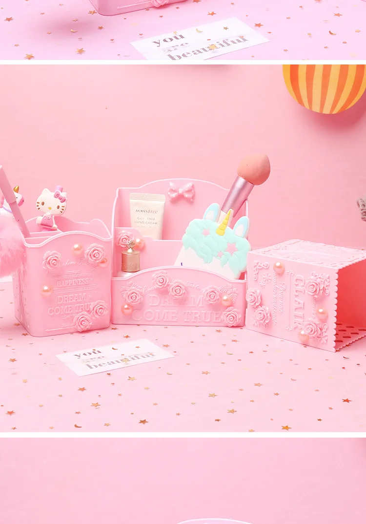 Pink Carve Cosmetic Brush Storage Box Holder Makeup Skin Care Rack Mobile Phone Stationery Organizer Container Pencil Bucket Bin