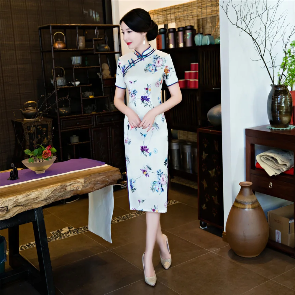 Шанхай история искусственный шелк китайское длинное платье Ципао градиент