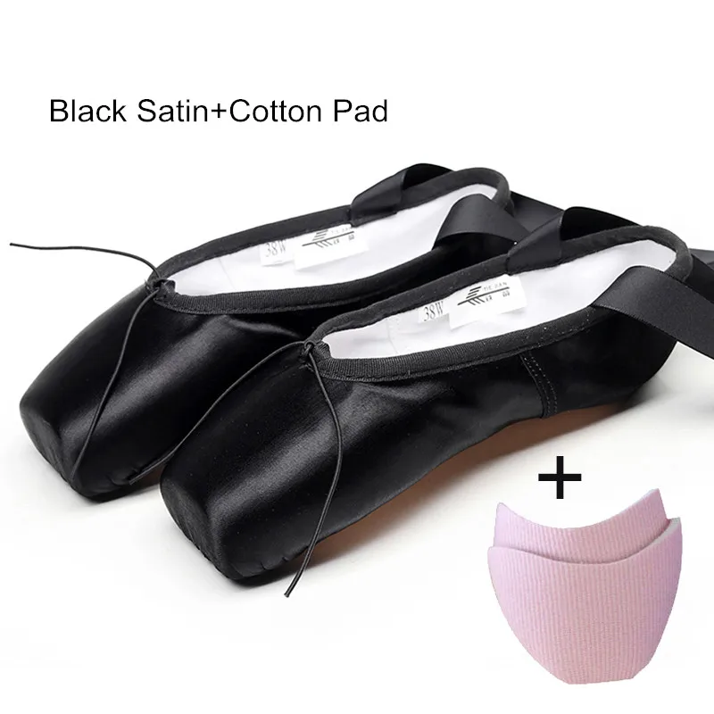Black Satin Cotton Атлас из плотной ткани с лентой хлопок гелевый коврик для девочек Для женщин розовый черный, красный для профессиональных занятий балетом, танцами обувь с острым носком - Цвет: Black Satin Cotton