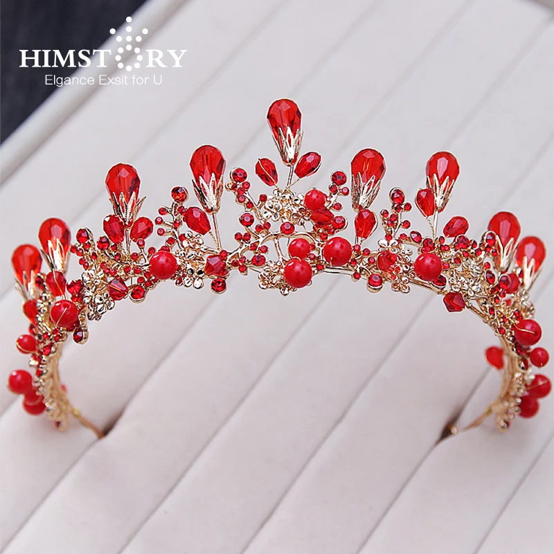 

HIMSTORY New Fashion Red Crystal Bridal Hair Crown Rhinestone Diadem for Women Wedding Hair Jewelry Accessories