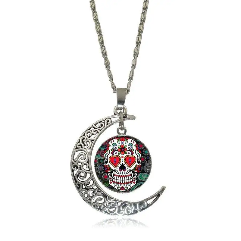 EJ Glaze Glass Cabochon Choker Moon Pendant Necklace Silver Color Jewelry For Women Girl Gift Mexican Sugar Skull | Украшения и
