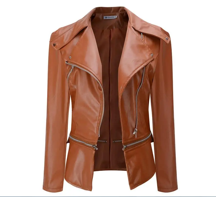 Женская кожаная куртка на молнии облегающая короткая мотоциклетная осень |