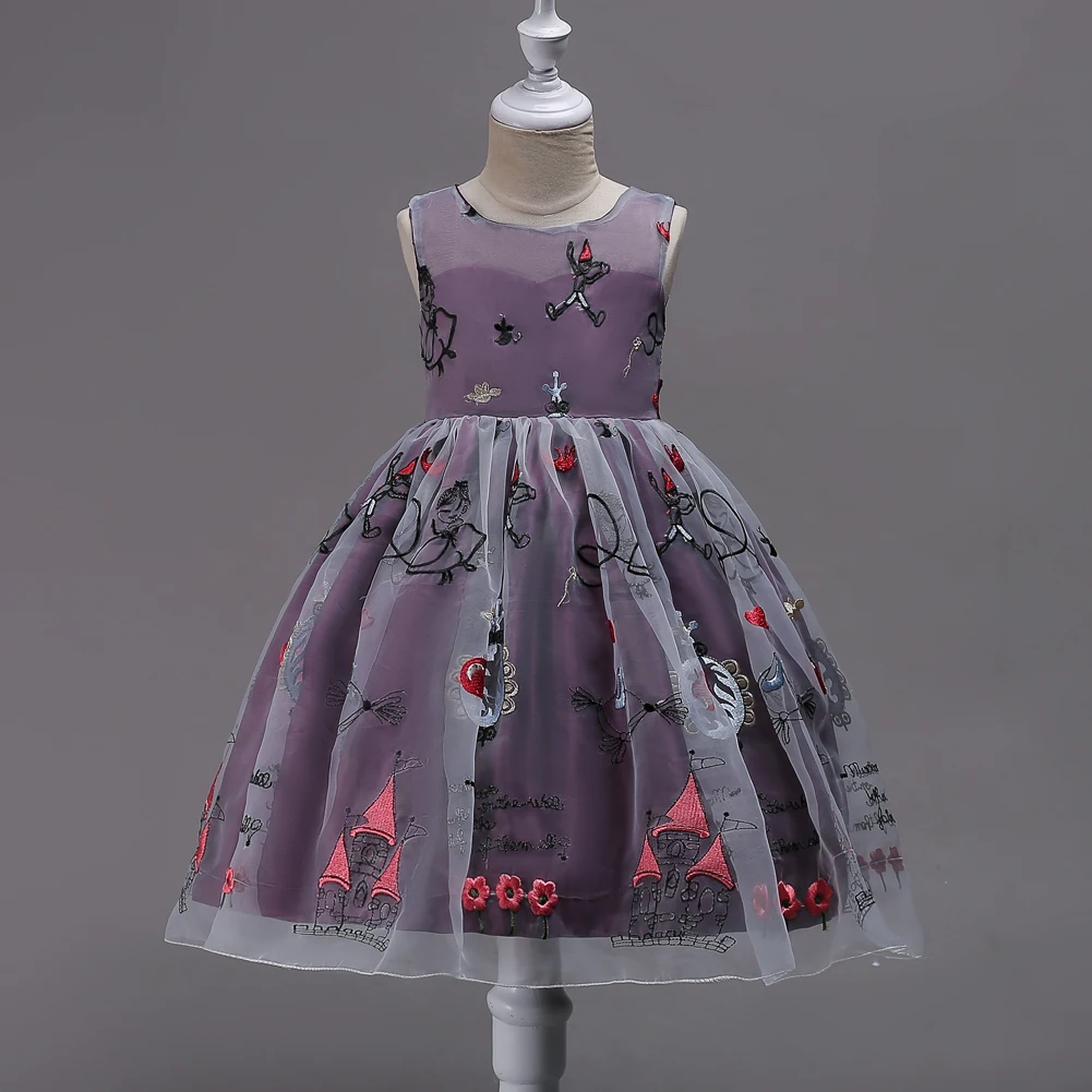 Spring Children Little Girls Boutique Clothing Sleeveless Full Cartoon Pattern Deep Purple Blue Pink Orange Dresses | Детская одежда и