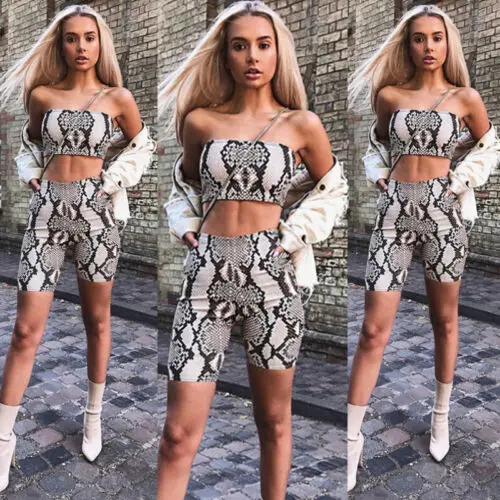 

2PCS Fashion Women Sexy Snakeskin Skinny Tube Top Outfit Short Ladies Crop Top+ Leopard Shorts Summer Women Hot Clothes Set
