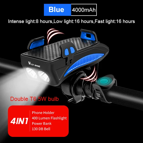 4000 mAh Blue WEST BIKING держатель для телефона на велосипед, светильник-рожок, перезаряжаемый светильник-вспышка, внешний аккумулятор, держатель для телефона для iPhone, держатель для сотового телефона - Color: 4000 mAh Blue