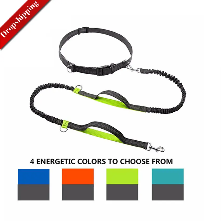 Dog Leash Dual Handle Hands Free Running Shock Absorbing Extendible Bungee Reflective Stitching Adjustable Waist Belt|Поводки| |