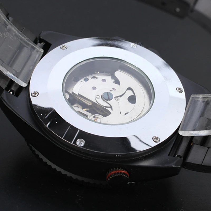 

Classic Luxury Winner Black Big Case Black Automatic Mechanical Glass Stainless Steel Men Mechanical Watch Clock