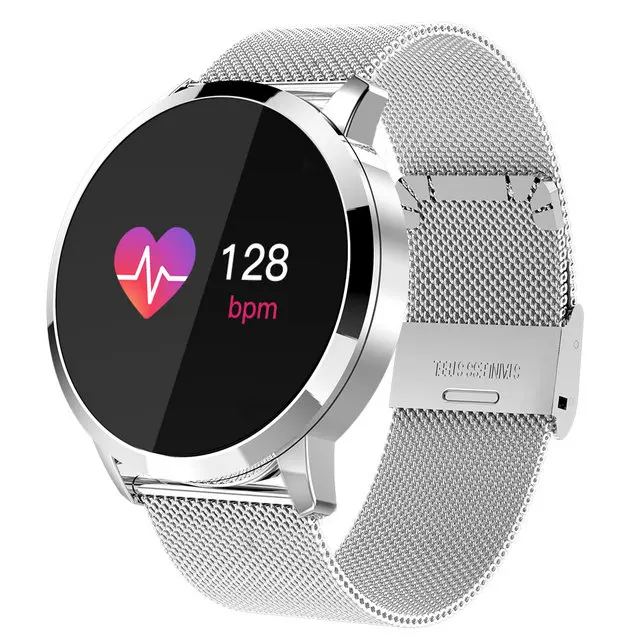 metal silver Q8 Смарт часы OLED цветной экран Smartwatch Женская мода Фитнес-трекер пульсометр круговой Смарт-часы - Цвет: metal silver