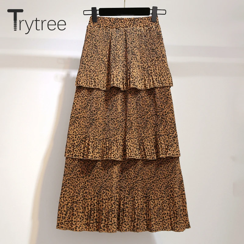 Trytree весна лето полиэстер плиссированная Женская юбка А-силуэт леопардовые