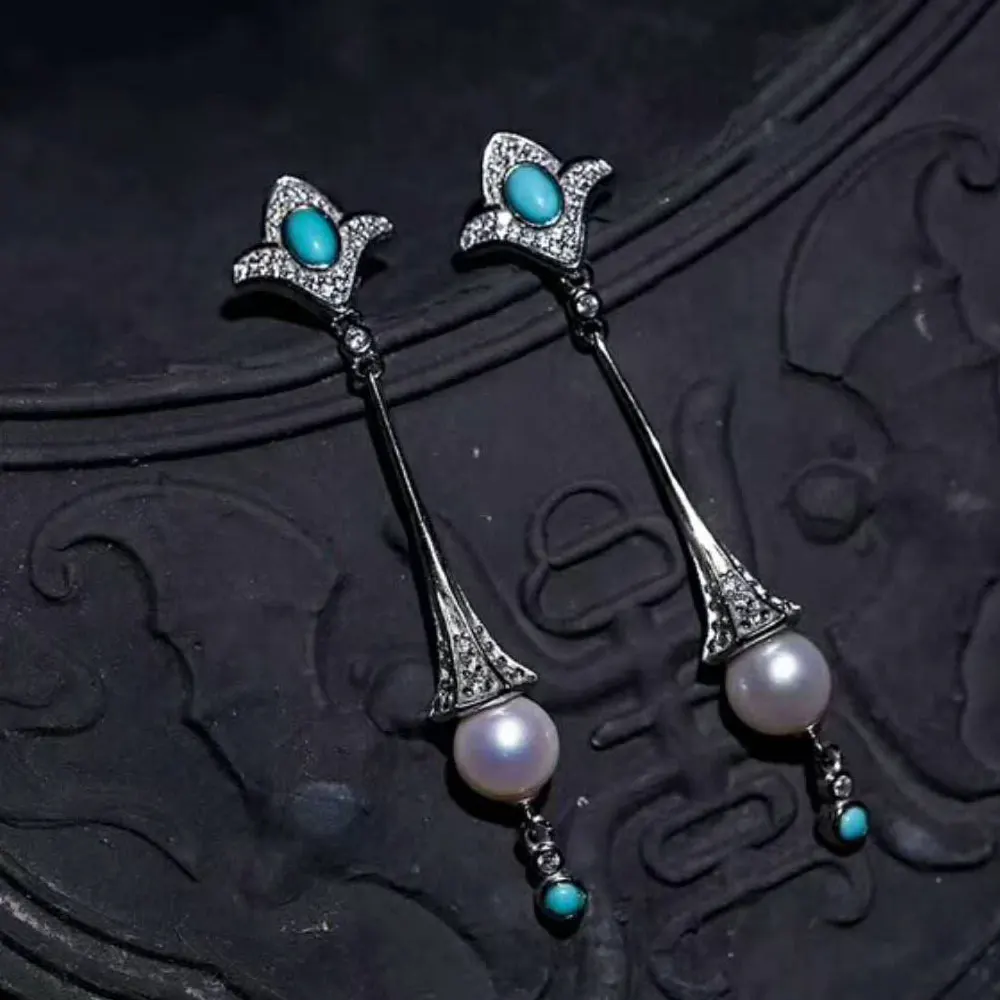 Женские серьги из натурального серебра 925 пробы с бирюзой и натуральным жемчугом