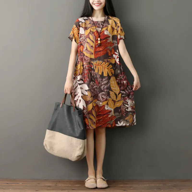 Женское платье с коротким рукавом F & je летнее свободное до колен из хлопка и льна